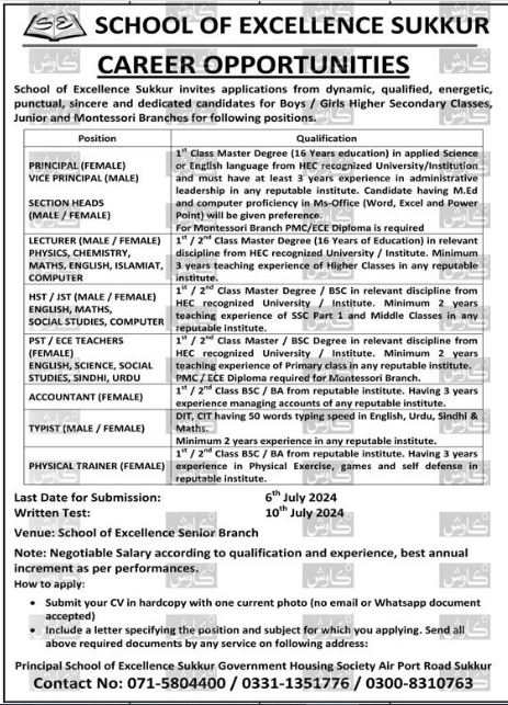 School of Excellence Sukkur Jobs