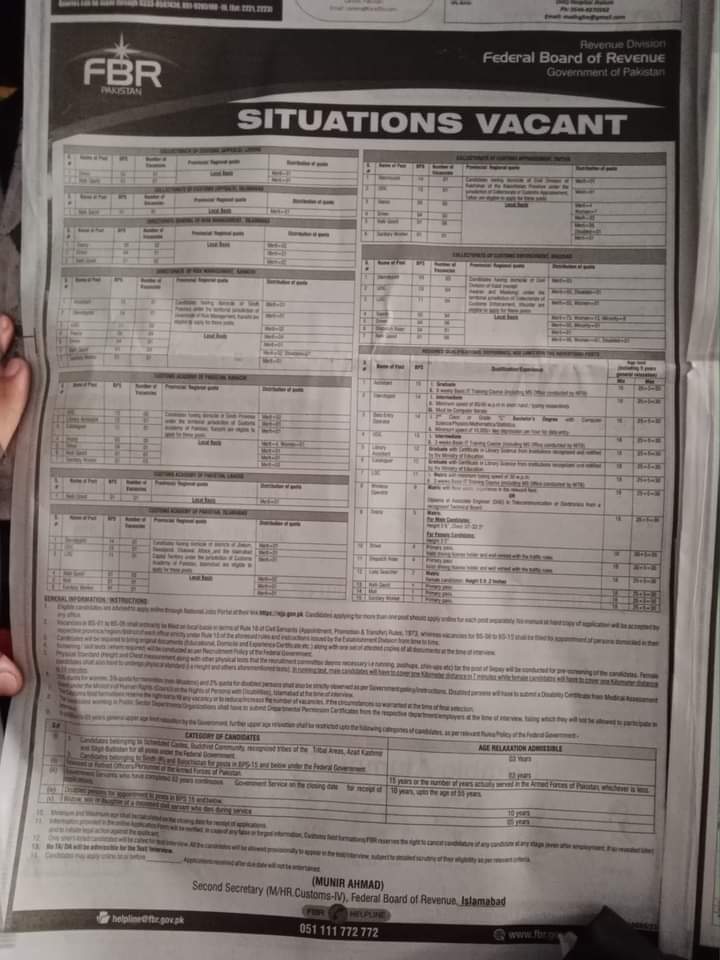 FBR Jobs Advertisement 2024